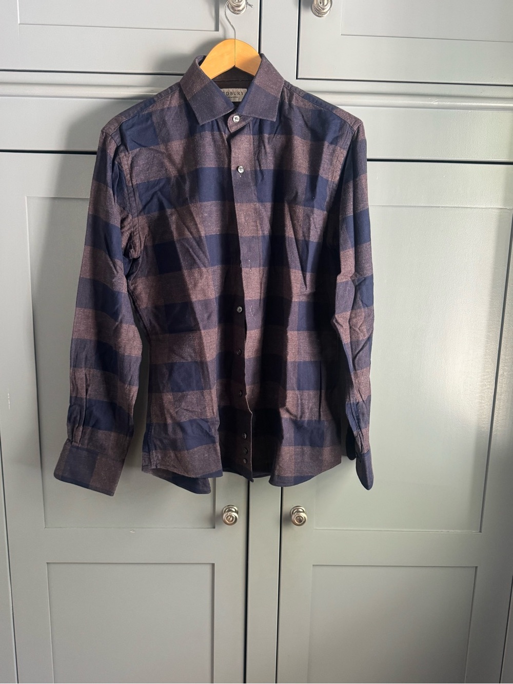 Men's Navy and Brown Plaid Button-Down Shirt